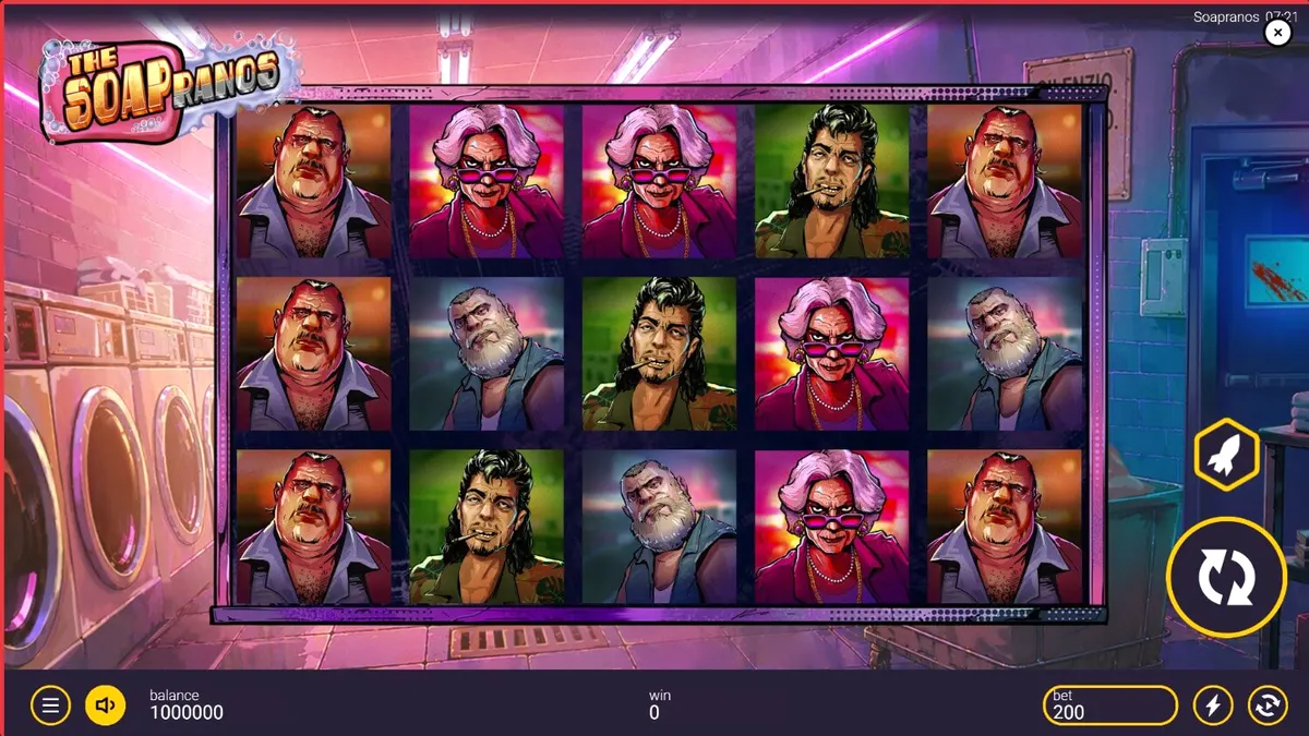 Interface do jogo The Soapranos com elementos de lavanderia e máfia