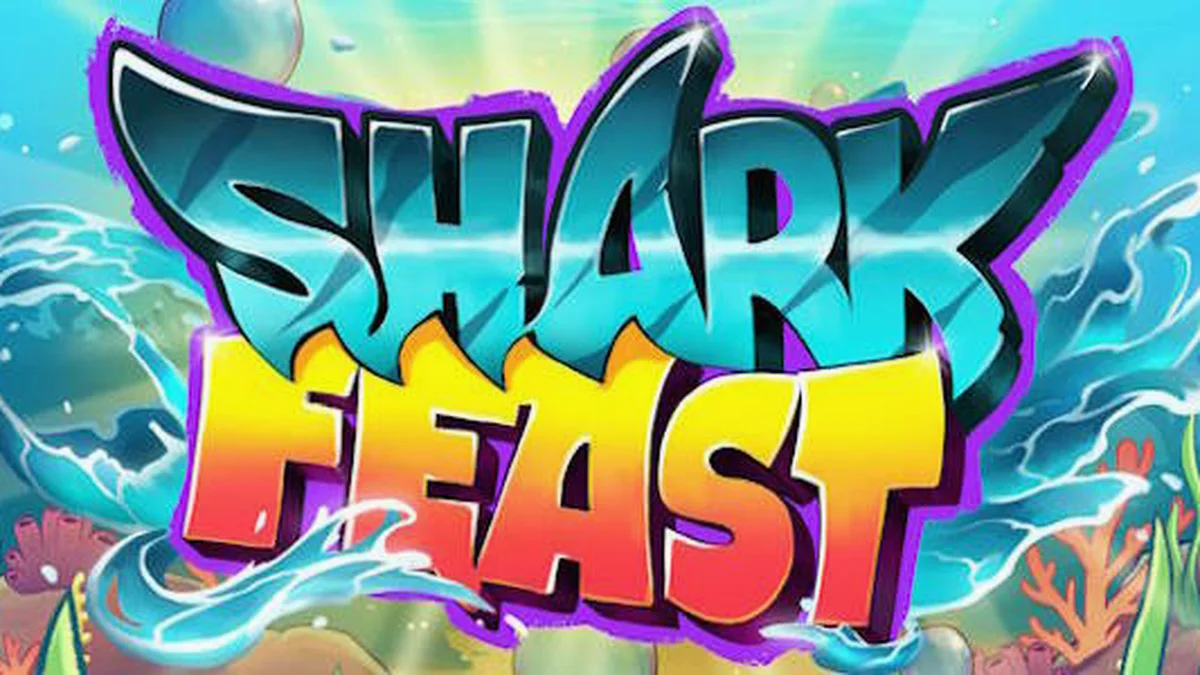 Cena vibrante e colorida do jogo Shark Feast com elementos neon subaquáticos