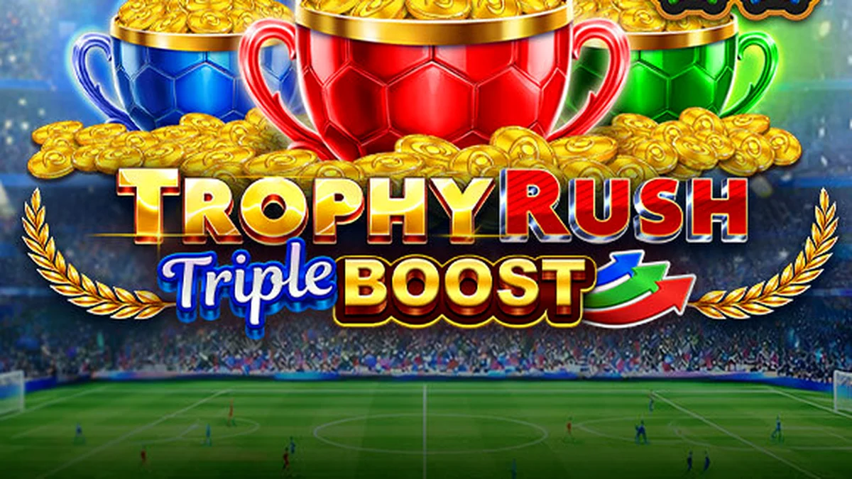 Interface vibrante do slot Trophy Rush Triple Boost com moedas de ouro e troféus